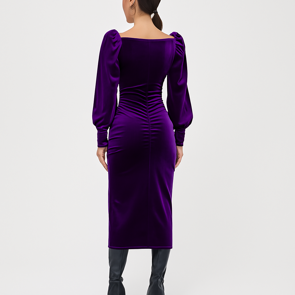 Purple Velvet Ruched Midi Dress with Puff Sleeves