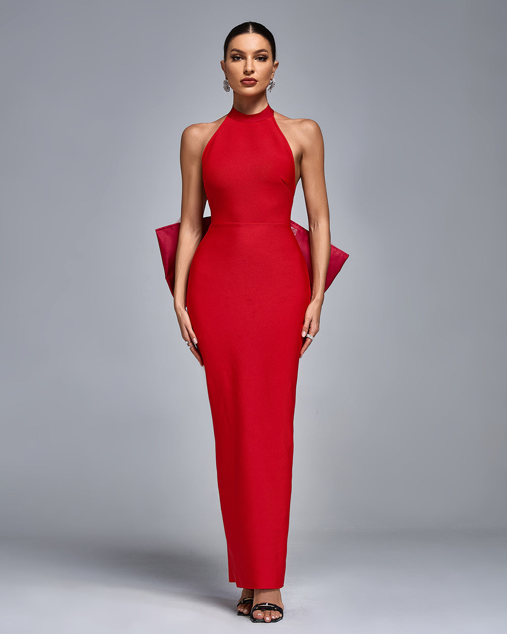 Red Halter Neck Bow Back Maxi Dress