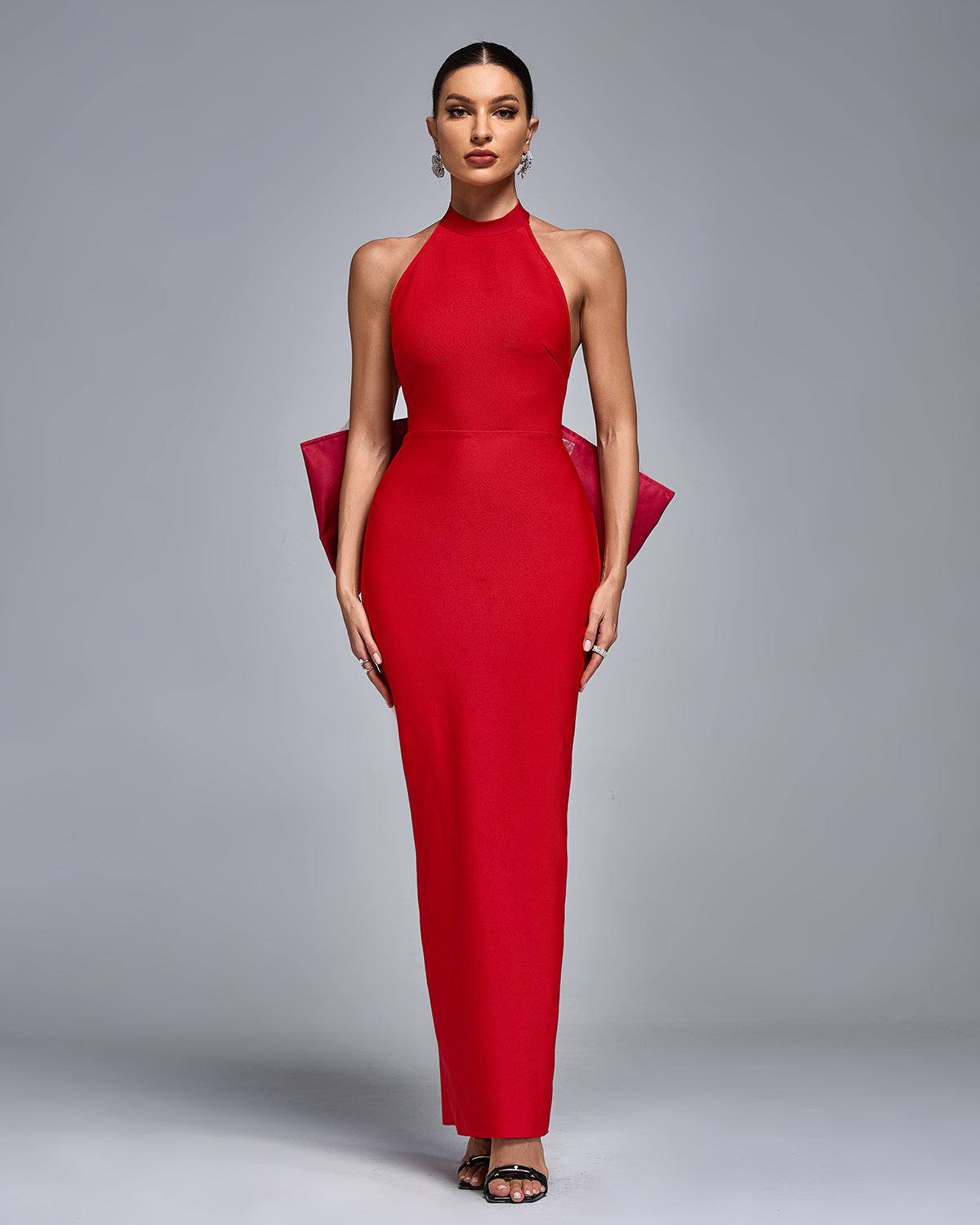 Red Halter Neck Bow Back Maxi Dress