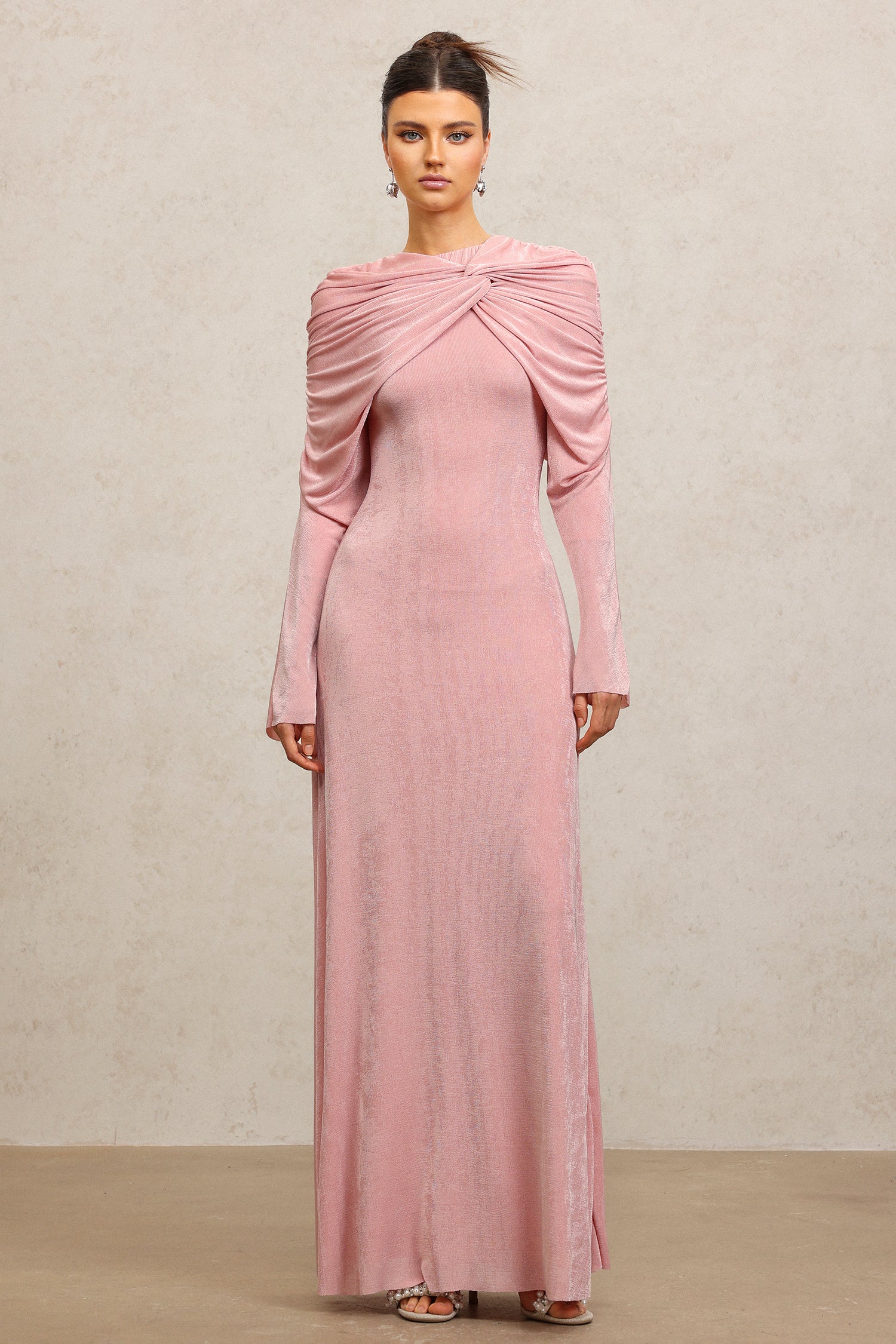 Blush Pink Draped Long Sleeve Gown