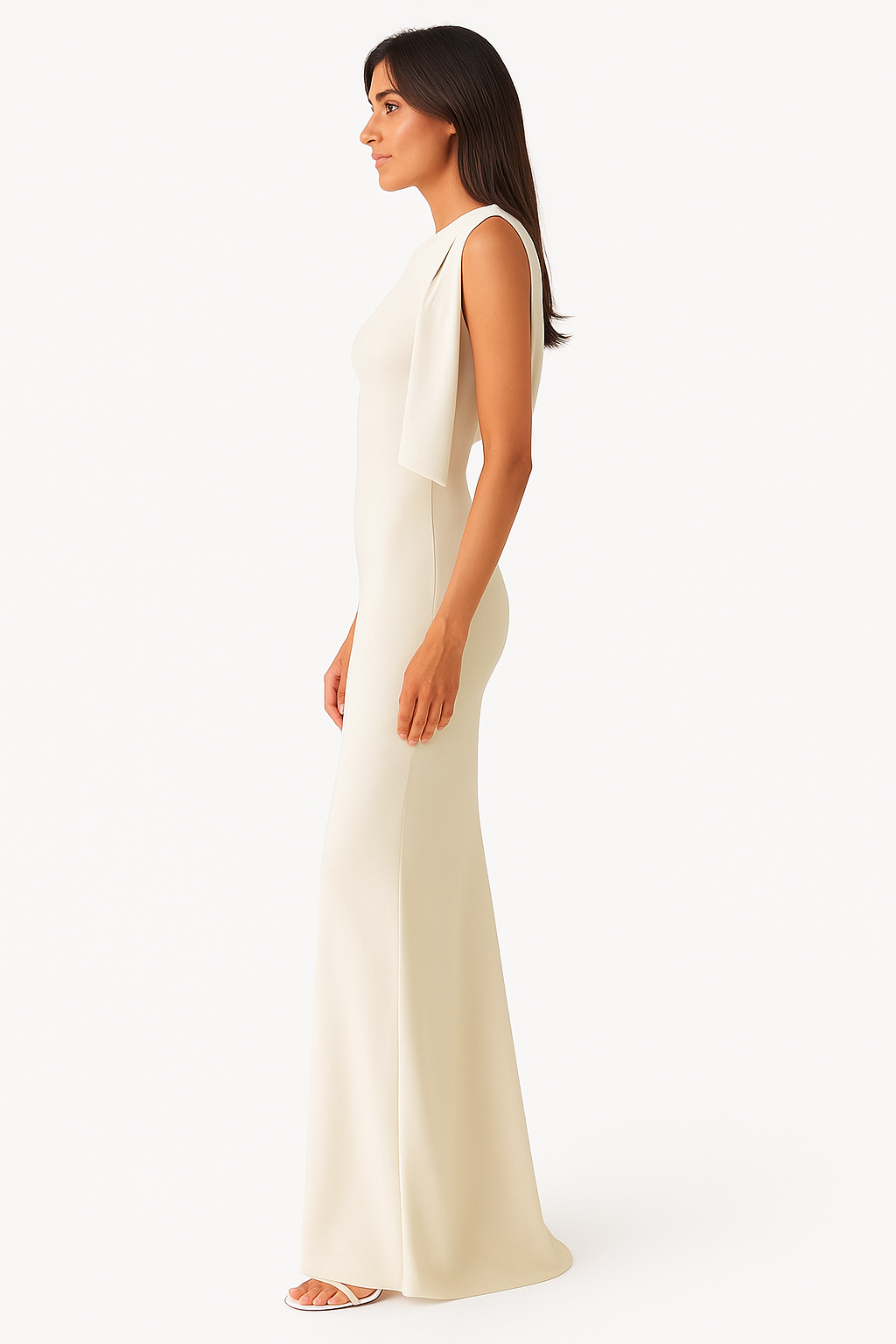 Elegant One-Shoulder Cream Floor-Length Evening Gown with Bow Detail