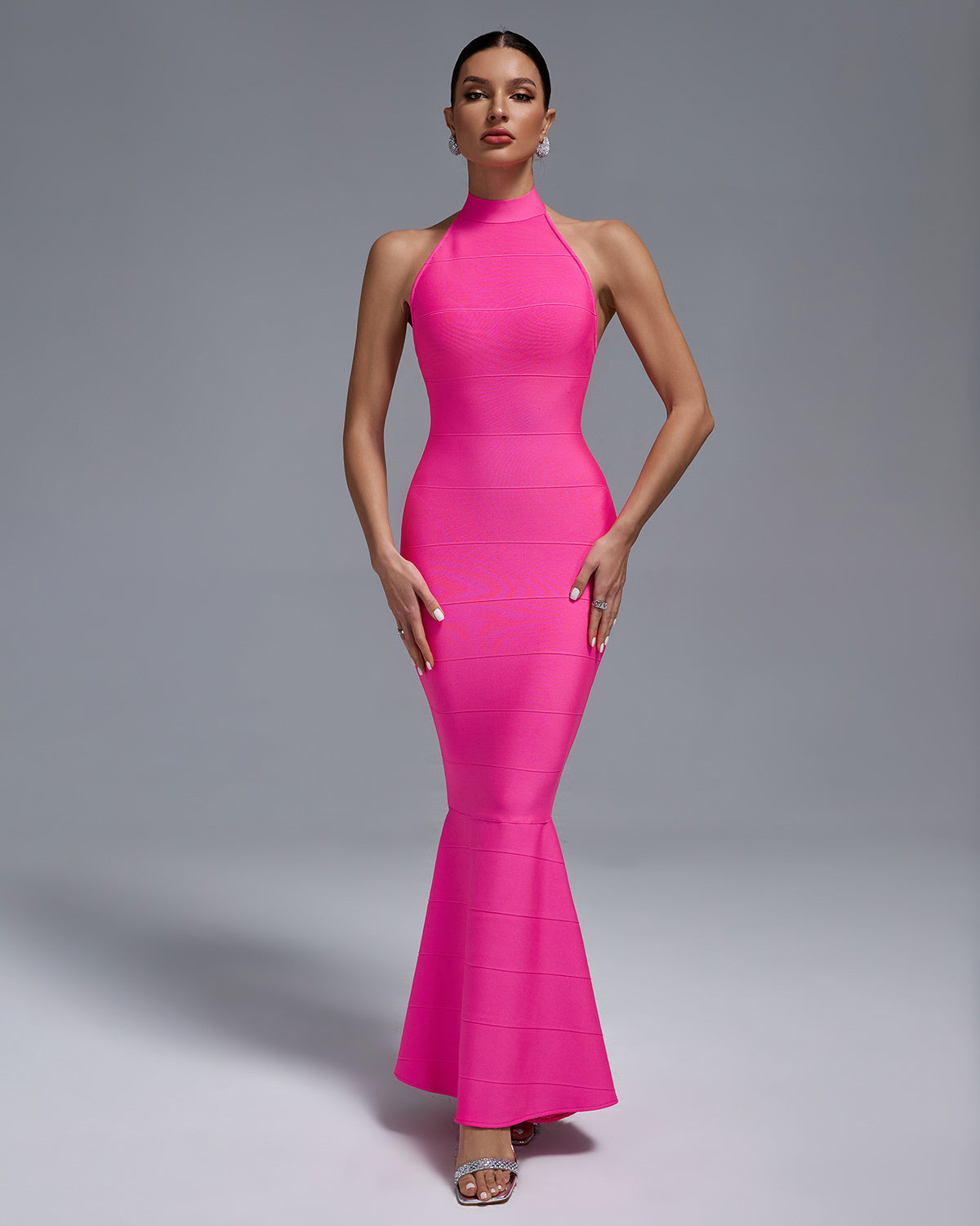 Hot Pink Halter Neck Bandage Maxi Dress