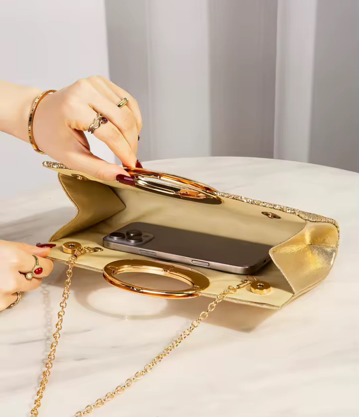Gold Glitter Evening Clutch Bag with Elegant Round Handle