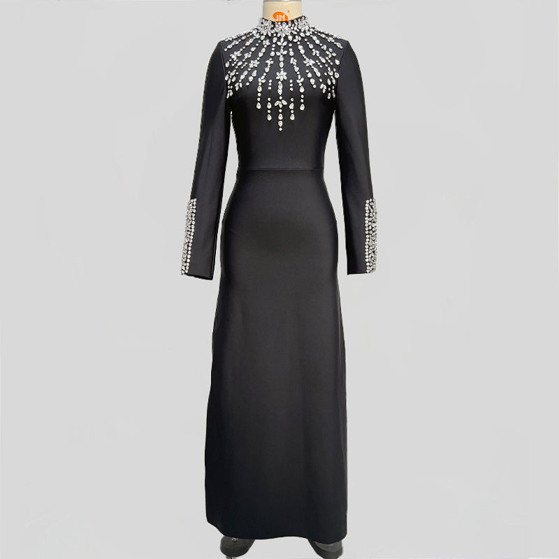 Long-Sleeve Gown with Crystal-Embellished Neckline and Cuffs