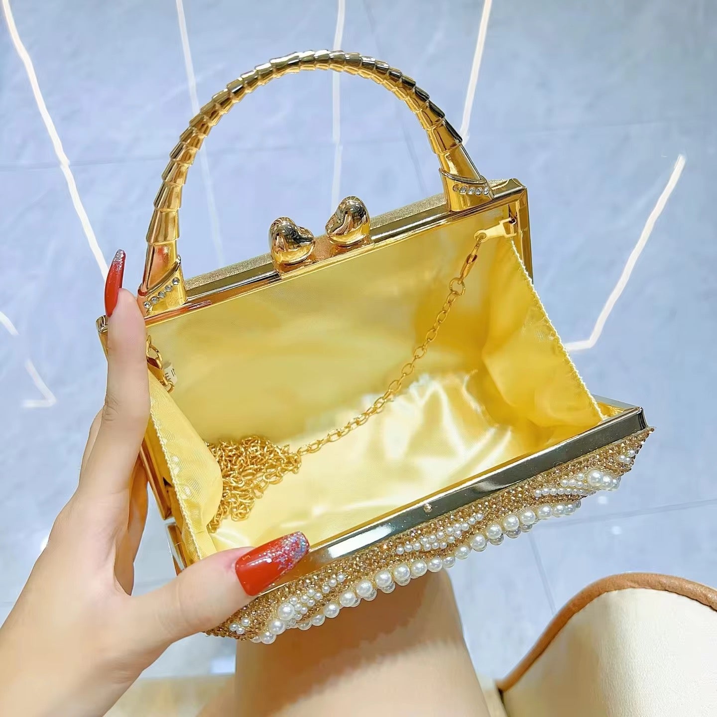 Heart-Embellished Pearl & Crystal Mini Top-Handle Bag