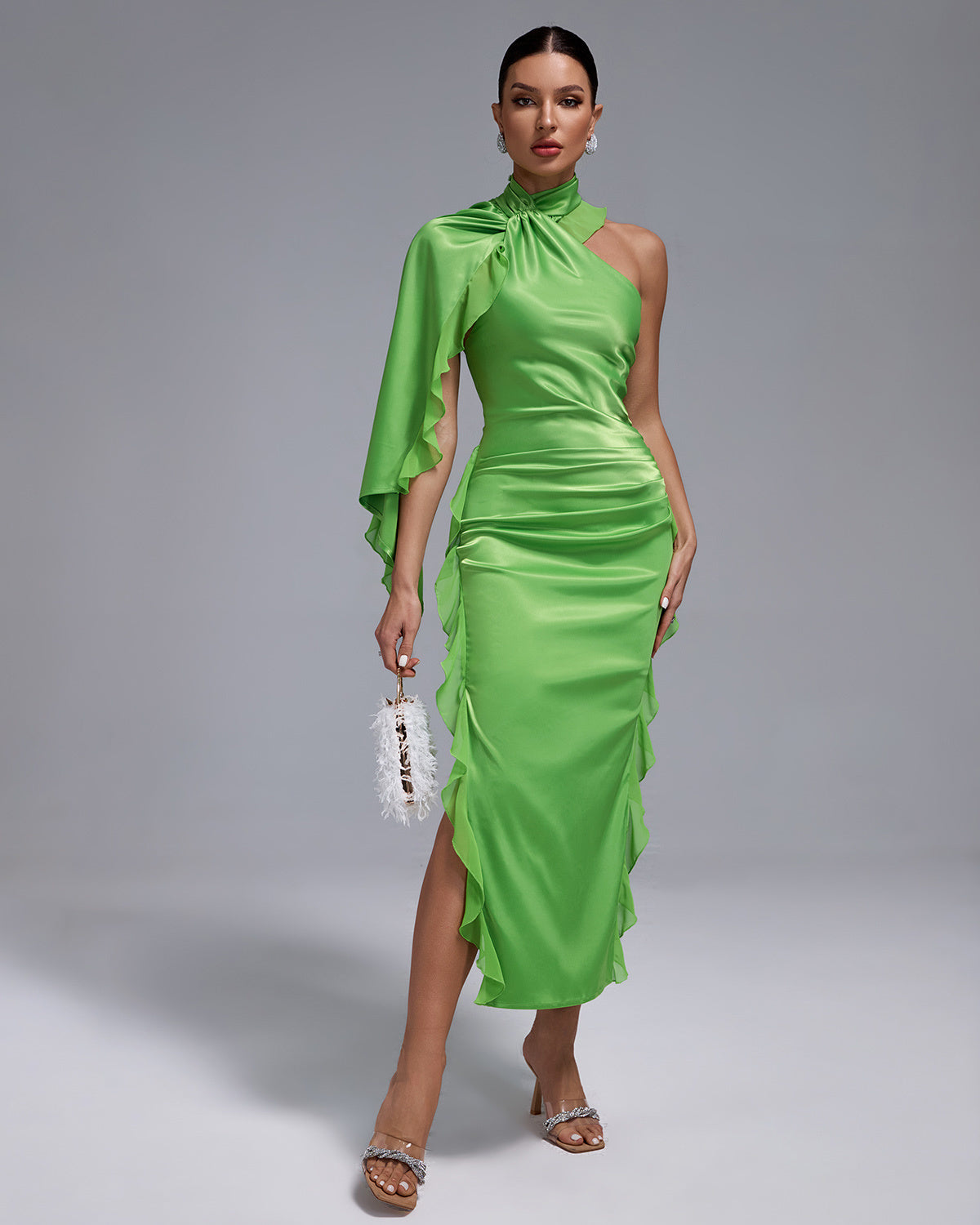 Green Satin One-Shoulder Ruffle Midi Dress