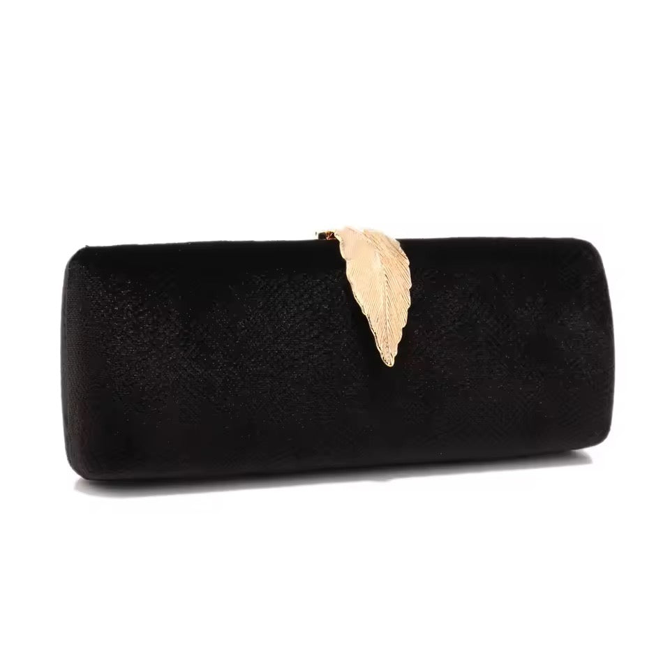 Elegant Black Velvet Clutch with Gold Leaf Accent
