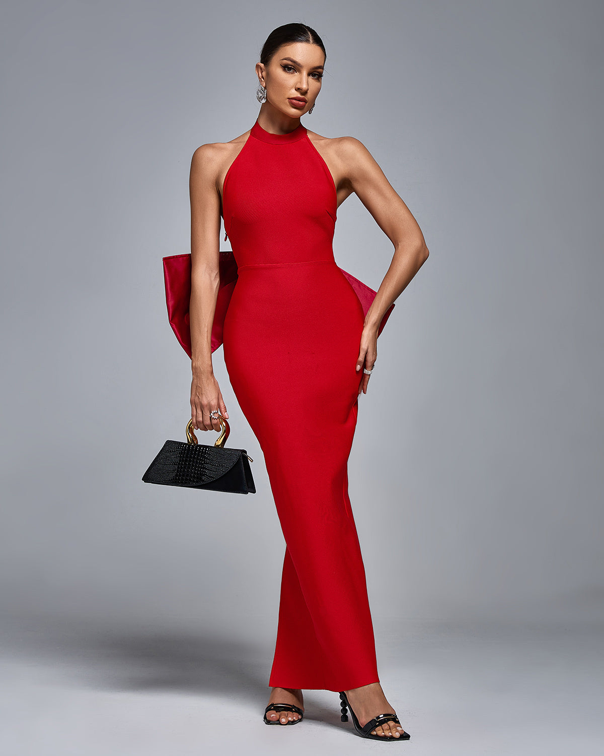 Red Halter Neck Bow Back Maxi Dress