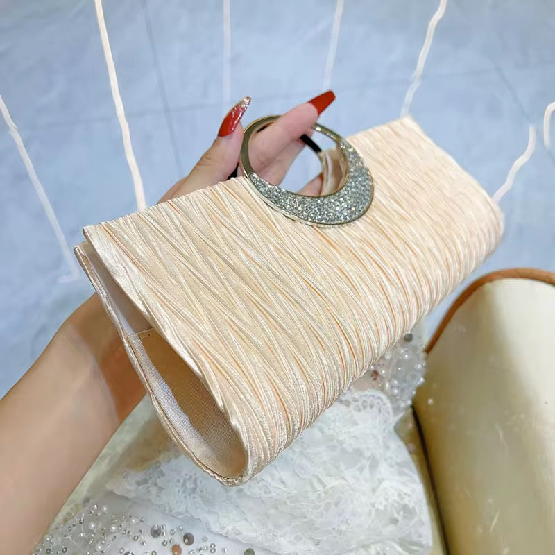 Elegant Pleated Evening Clutch with Rhinestone Handle