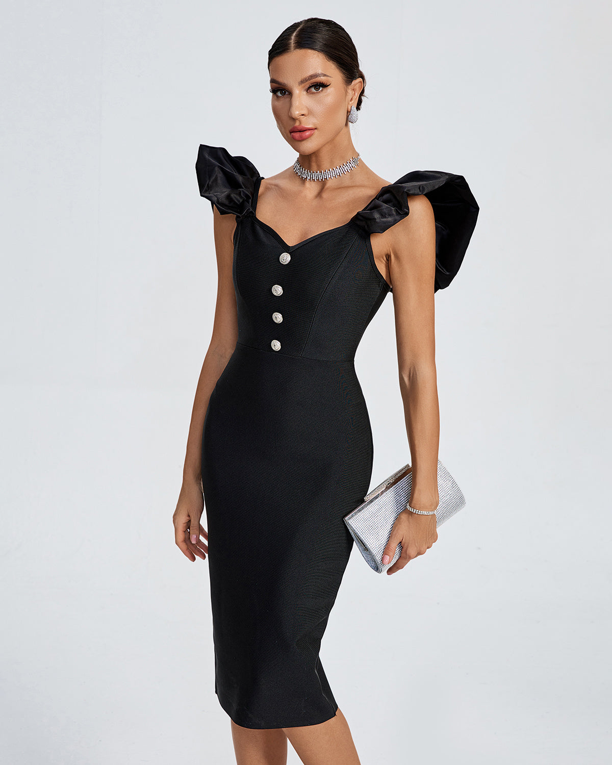 Bodycon Ruffle Sleeve Midi Dress Black