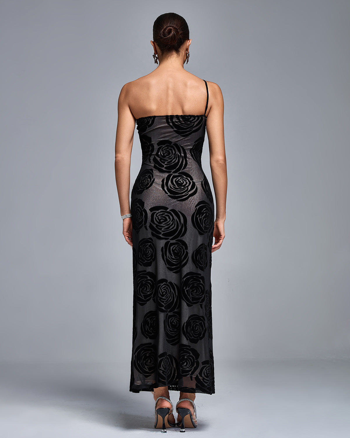 Black One-Shoulder Rose Maxi Dress – Elegant Evening Gown