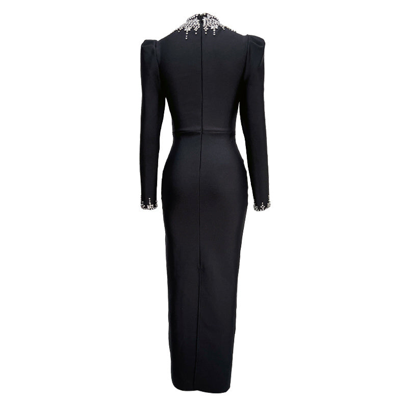 Bodycon Gown with Crystal Embellished Collar and Cuffs