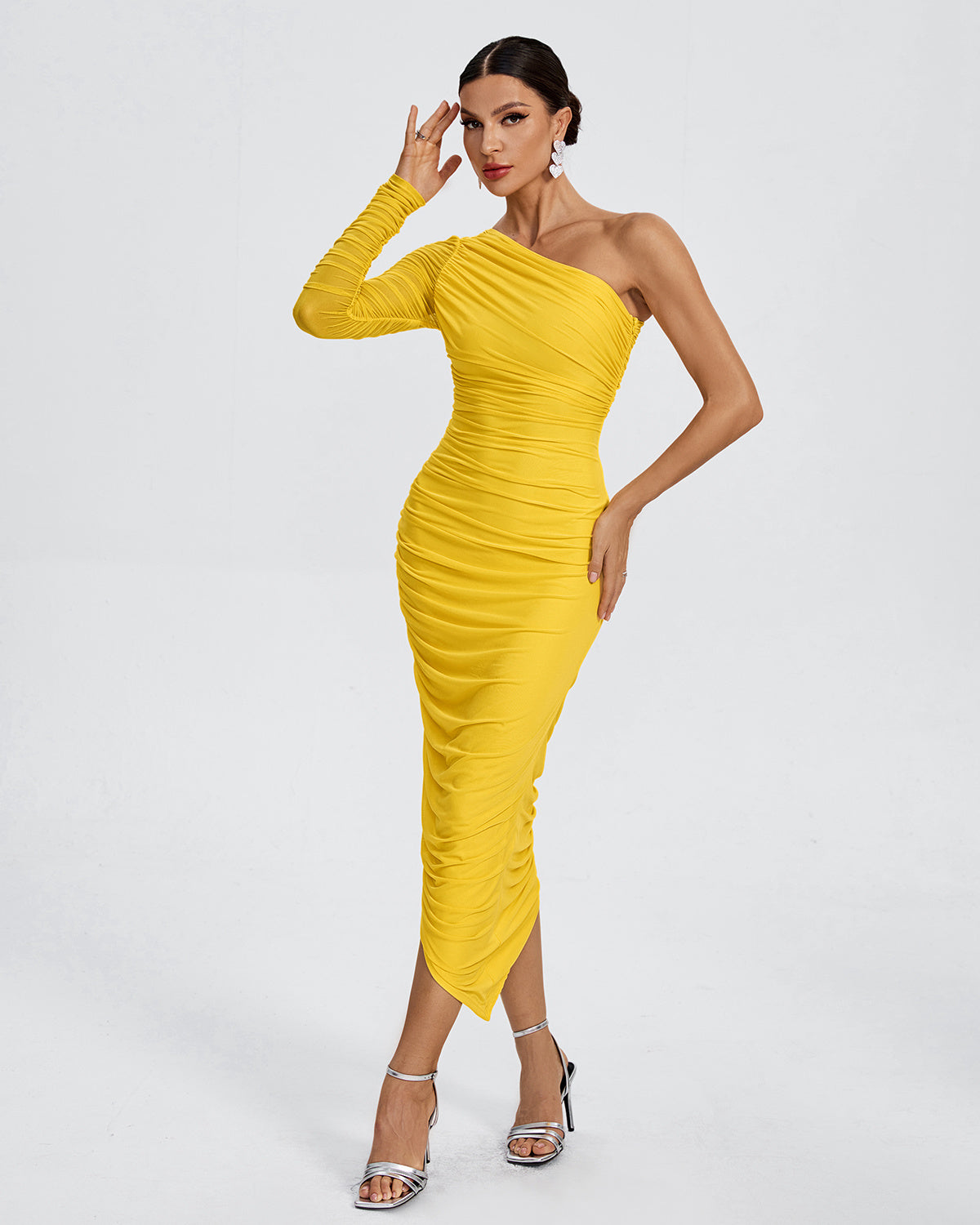 One-Shoulder Ruched Bodycon Midi Dress