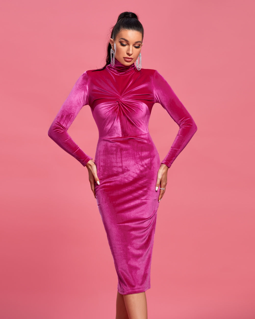 Velvet Turtleneck Knot Midi Dress