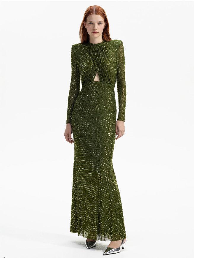 Olive Green Sparkle Maxi Gown –