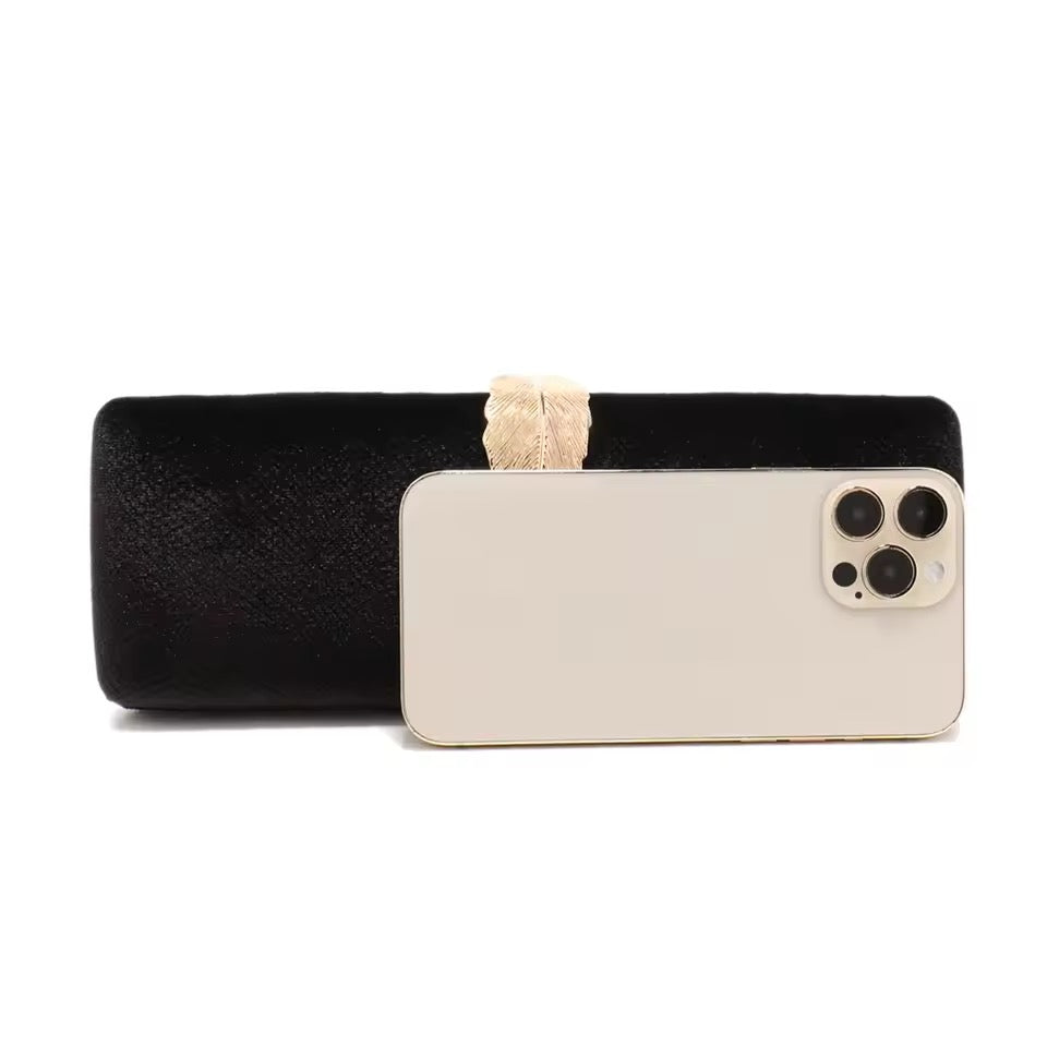 Elegant Black Velvet Clutch with Gold Leaf Accent