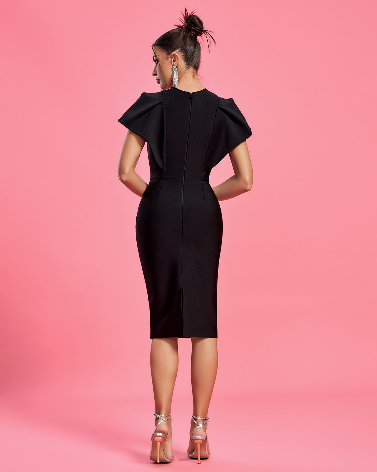 Black Ruffle Sleeve Bodycon Midi Dress
