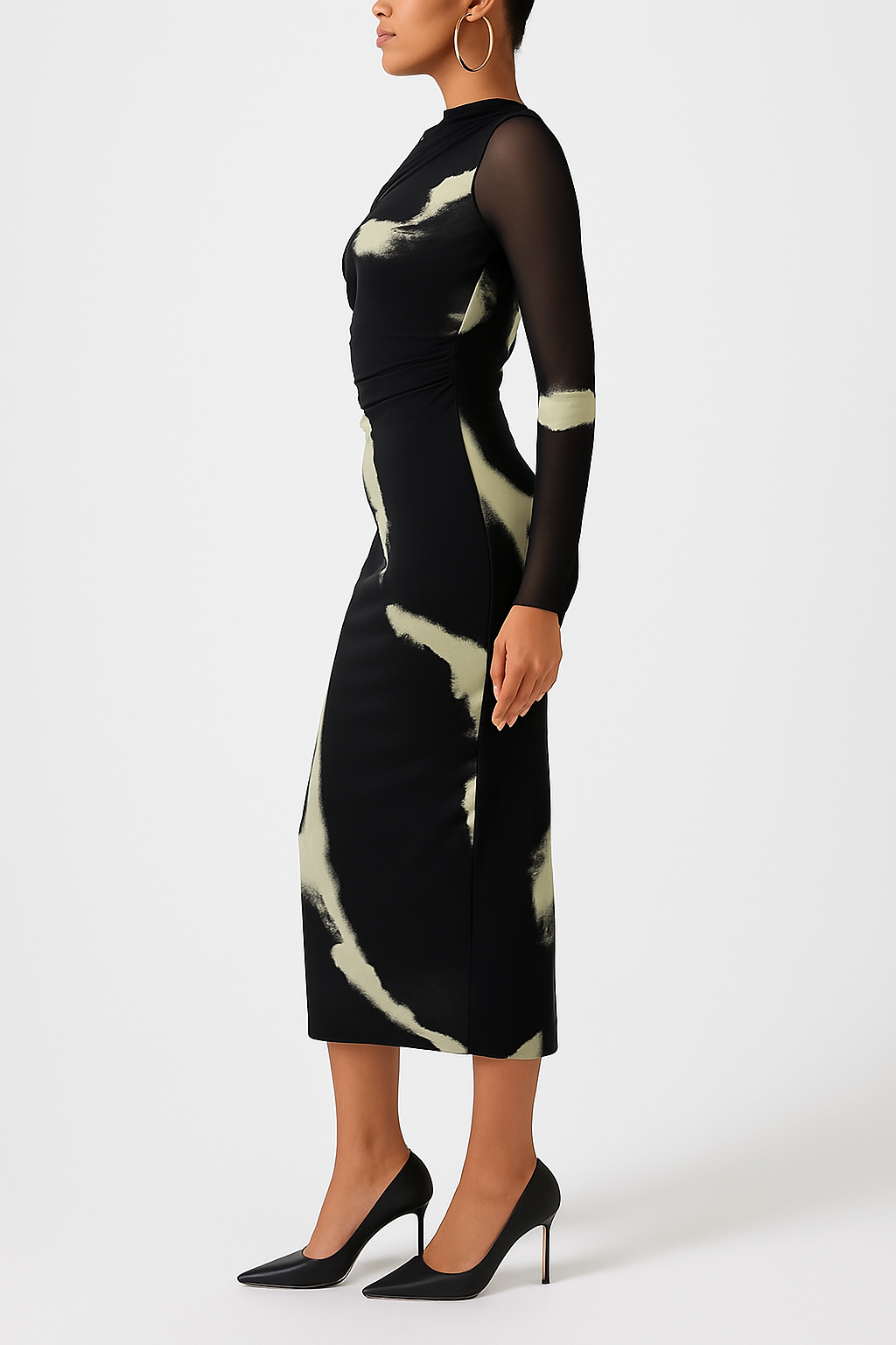 Black Abstract Print Mesh Sleeve Bodycon Midi Dress