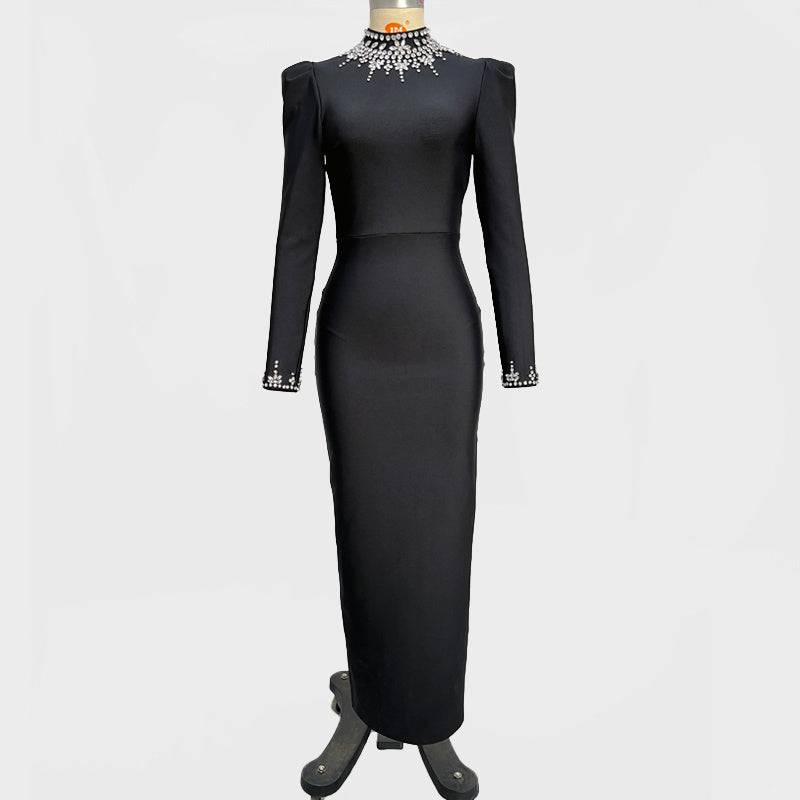 Bodycon Gown with Crystal Embellished Collar and Cuffs
