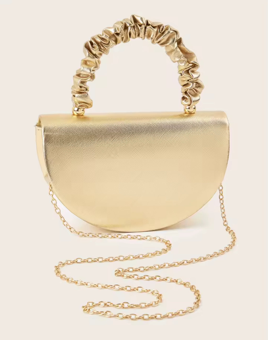 Gold Half-Moon Handbag – Elegant Ruched Handle Metallic Purse