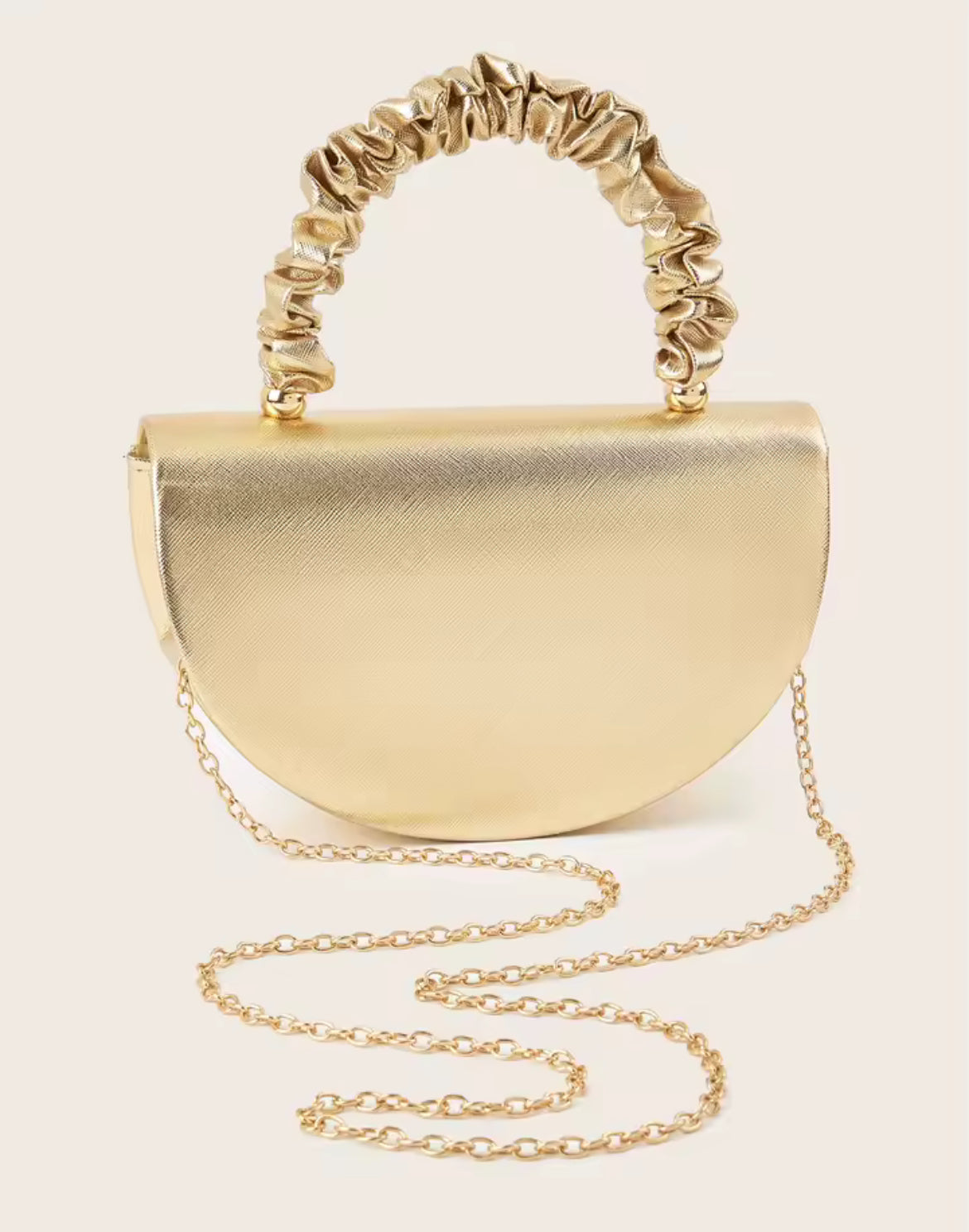 Gold Half-Moon Handbag – Elegant Ruched Handle Metallic Purse