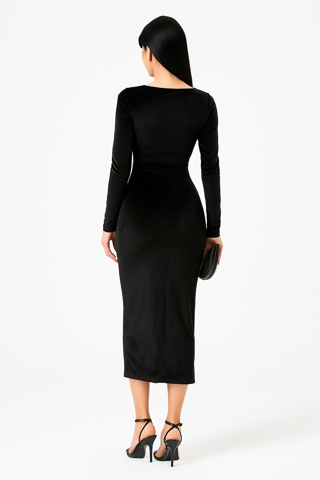 Classic Black Velvet Long Sleeve Bodycon Midi Dress