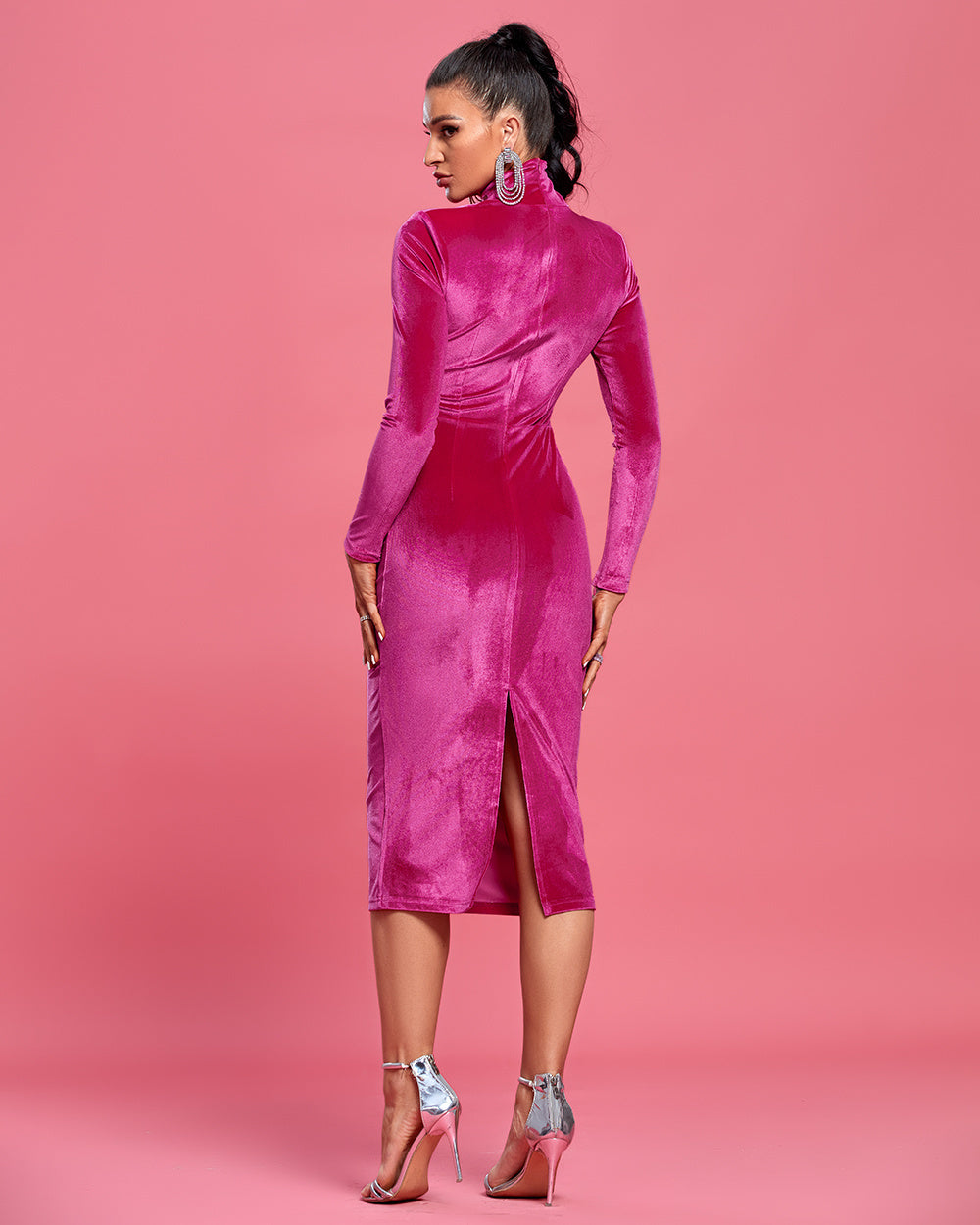 Velvet Turtleneck Knot Midi Dress