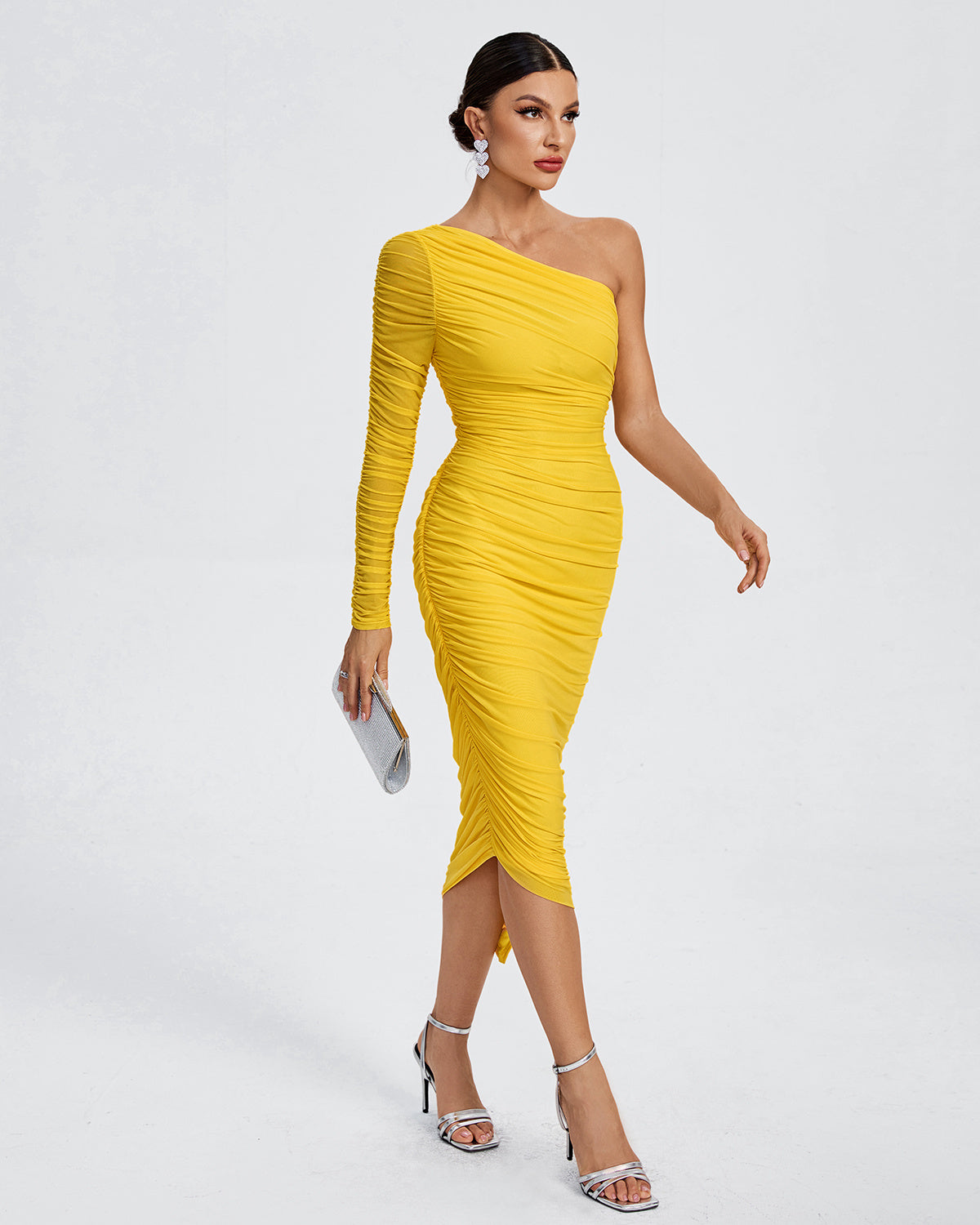 One-Shoulder Ruched Bodycon Midi Dress