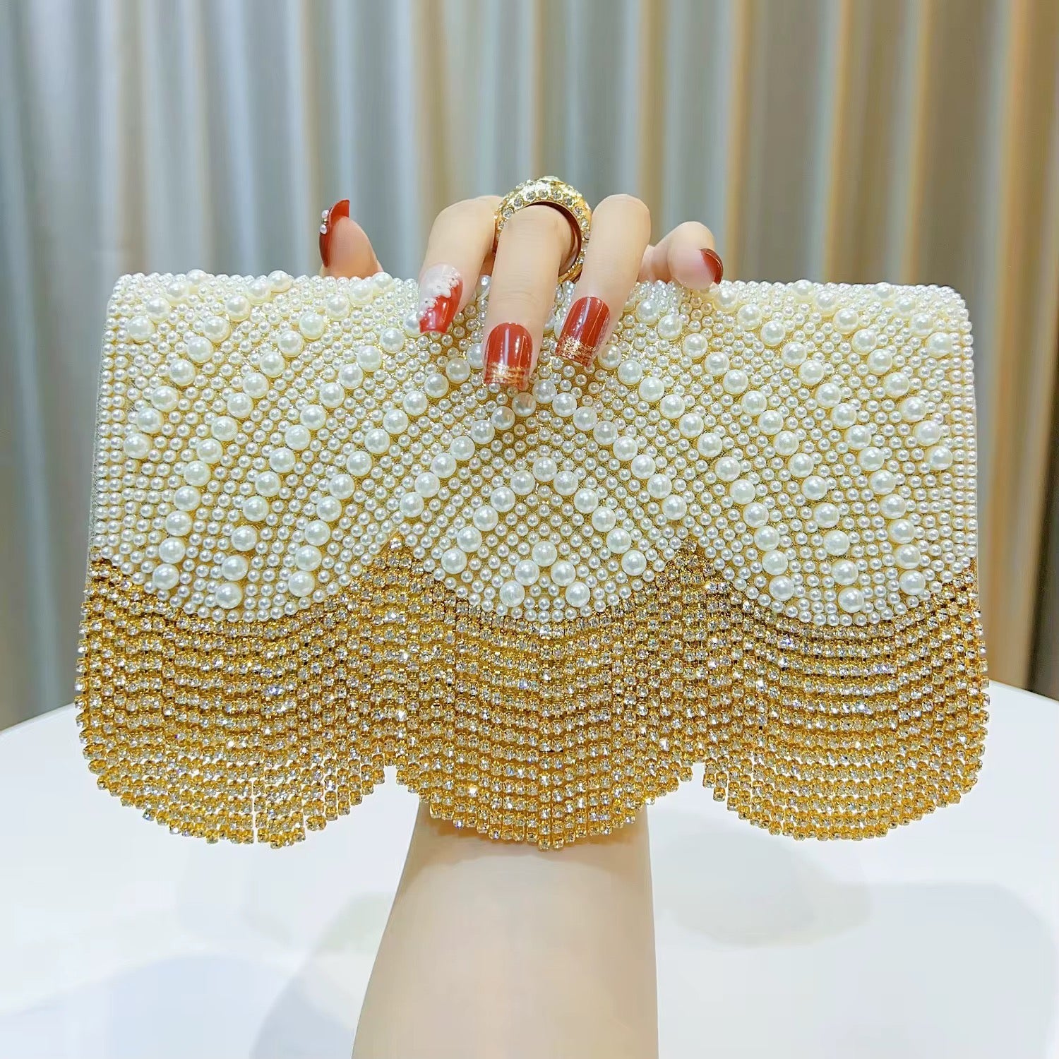 Pearl & Crystal Fringe Evening Clutch with Art Deco Detailing