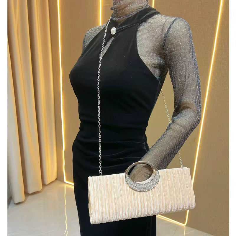 Elegant Pleated Evening Clutch with Rhinestone Handle