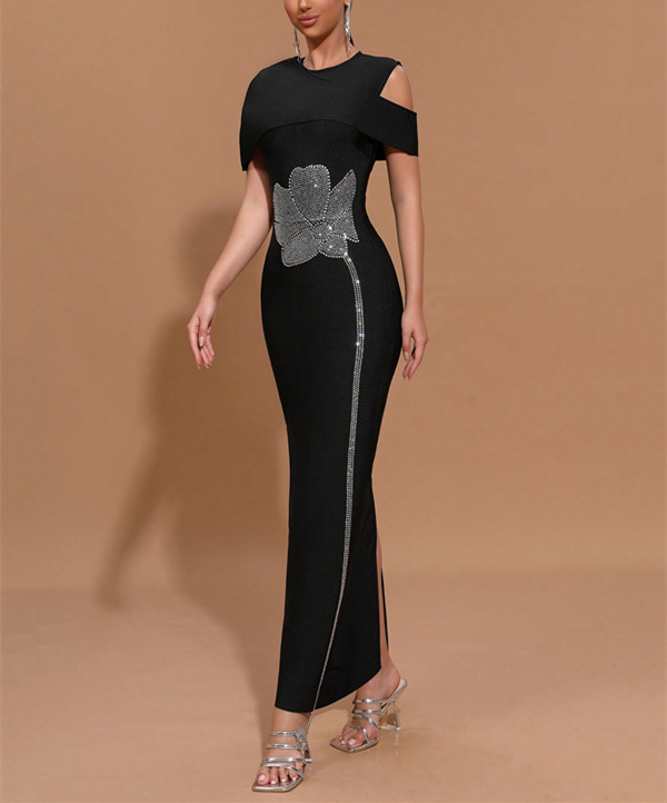 Elegant Black Evening Gown with Crystal Floral Embellishment