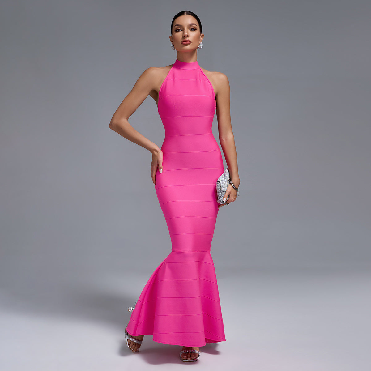 Hot Pink Halter Neck Bandage Maxi Dress