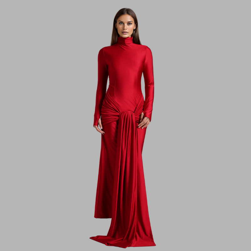 Red High Neck Draped Gown