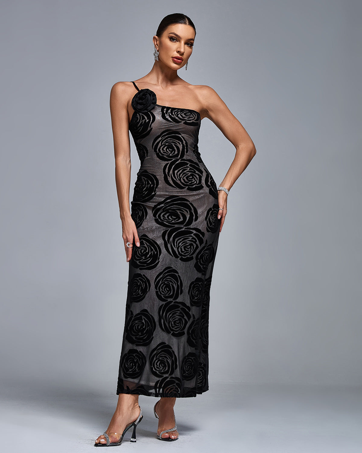 Black One-Shoulder Rose Maxi Dress – Elegant Evening Gown