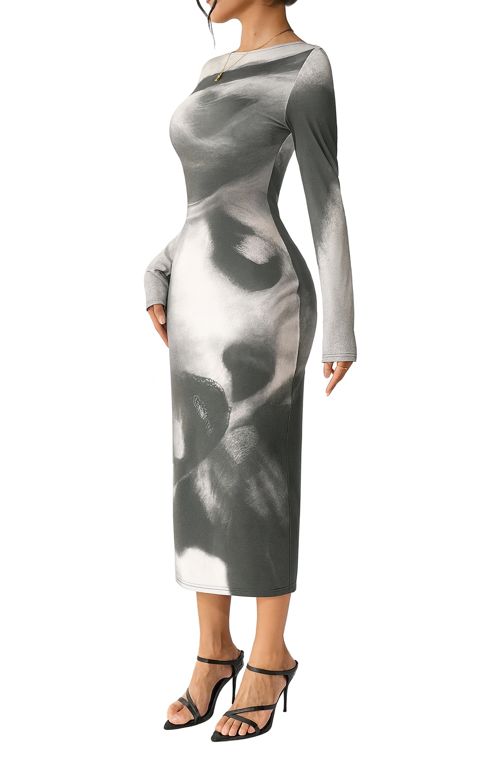 Elegant Abstract Print Long Sleeve Bodycon Midi Dress