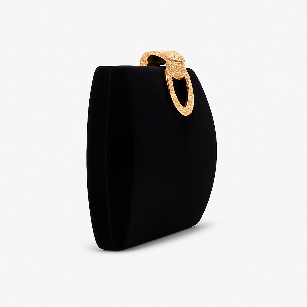 Elegant Black Velvet Clutch with Crystal Gold Ring Clasp