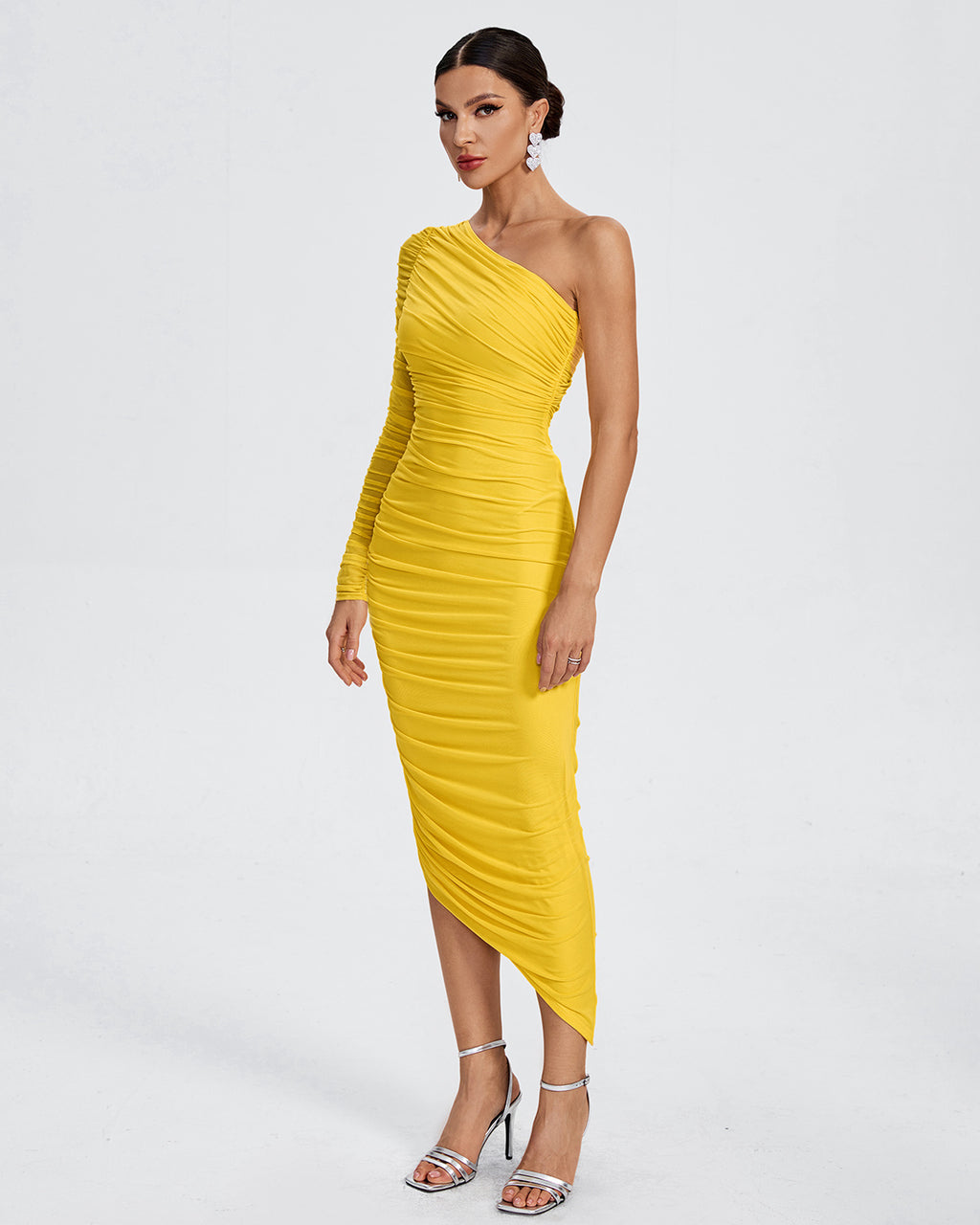 One-Shoulder Ruched Bodycon Midi Dress