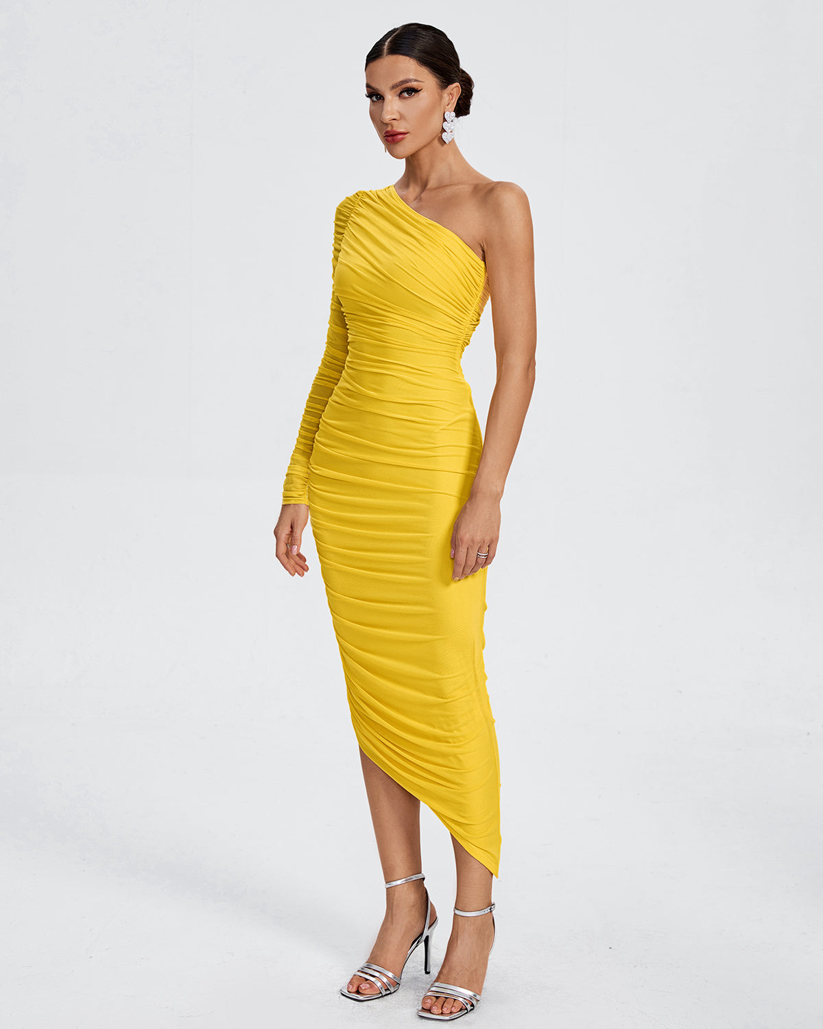 One-Shoulder Ruched Bodycon Midi Dress