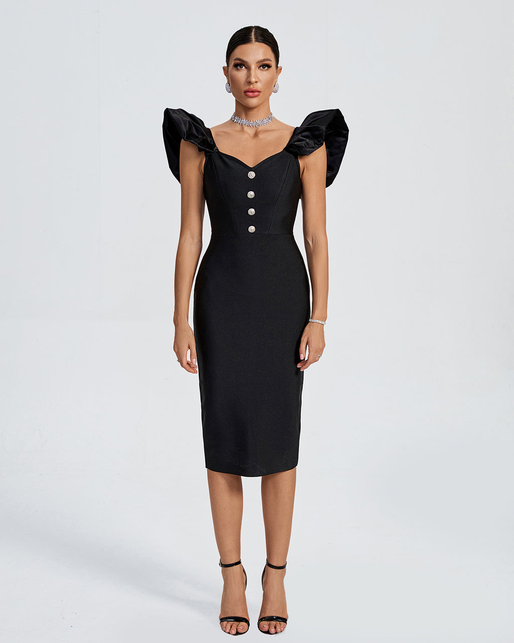 Bodycon Ruffle Sleeve Midi Dress Black