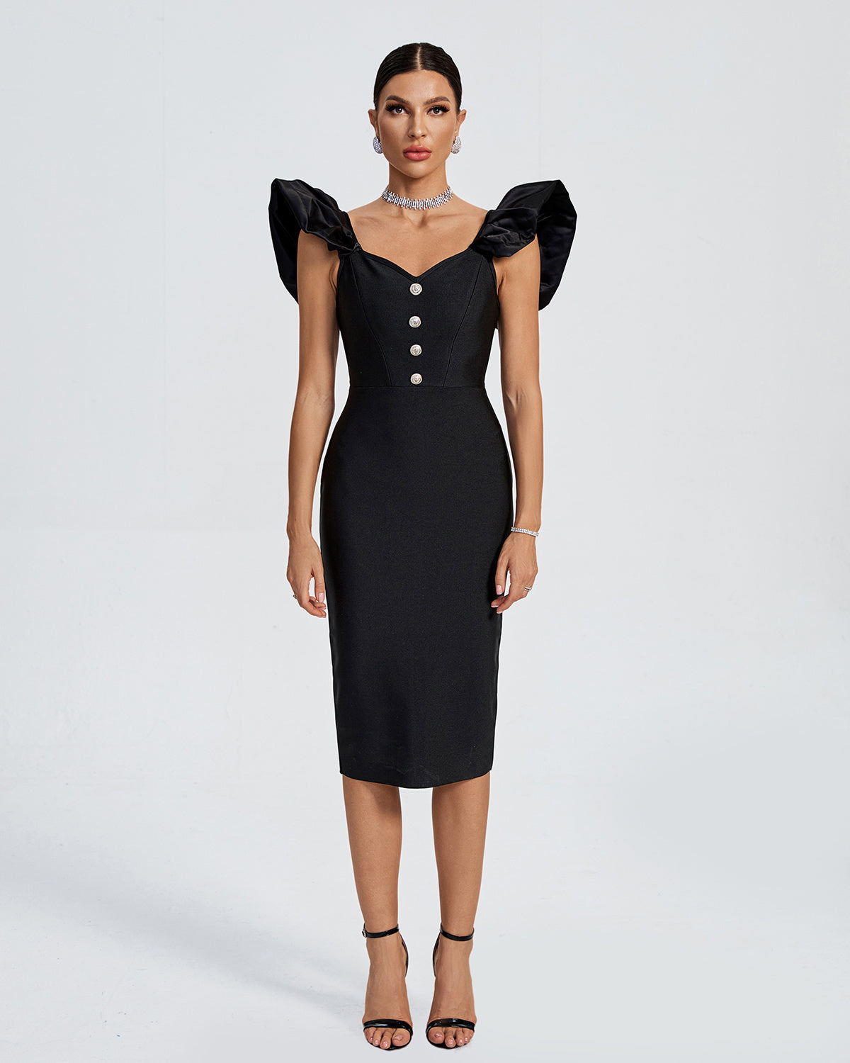 Bodycon Ruffle Sleeve Midi Dress Black
