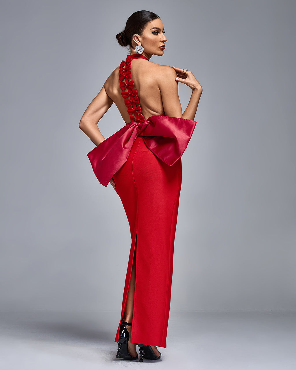 Red Halter Neck Bow Back Maxi Dress