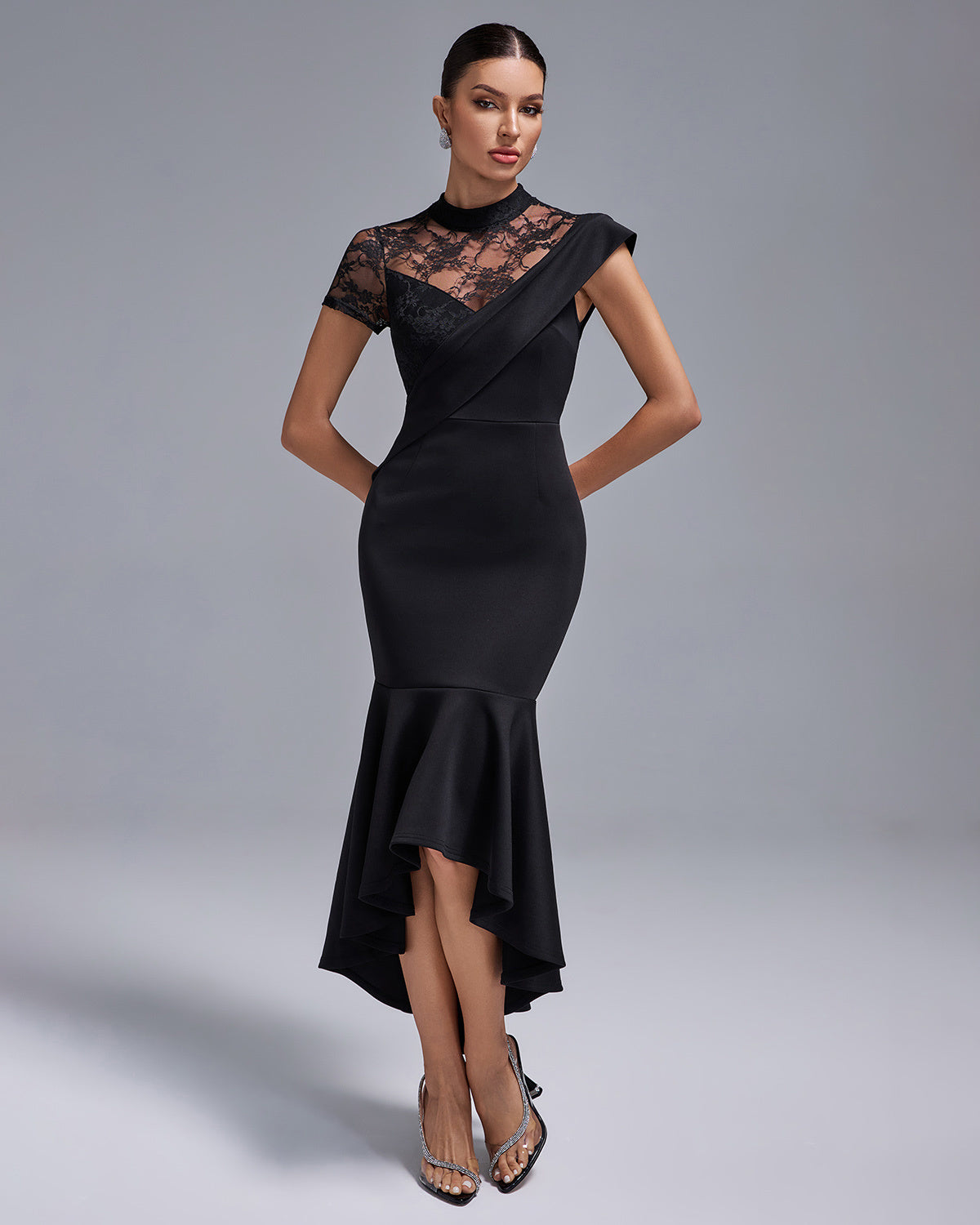 Black Lace Panel Asymmetric Midi Dress