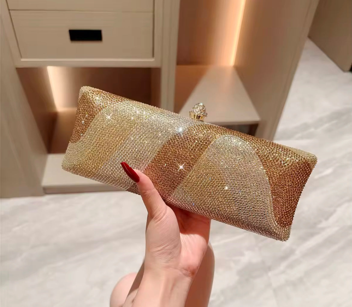 Luxury Gold & Silver Rhinestone Evening Clutch with Crystal Clasp