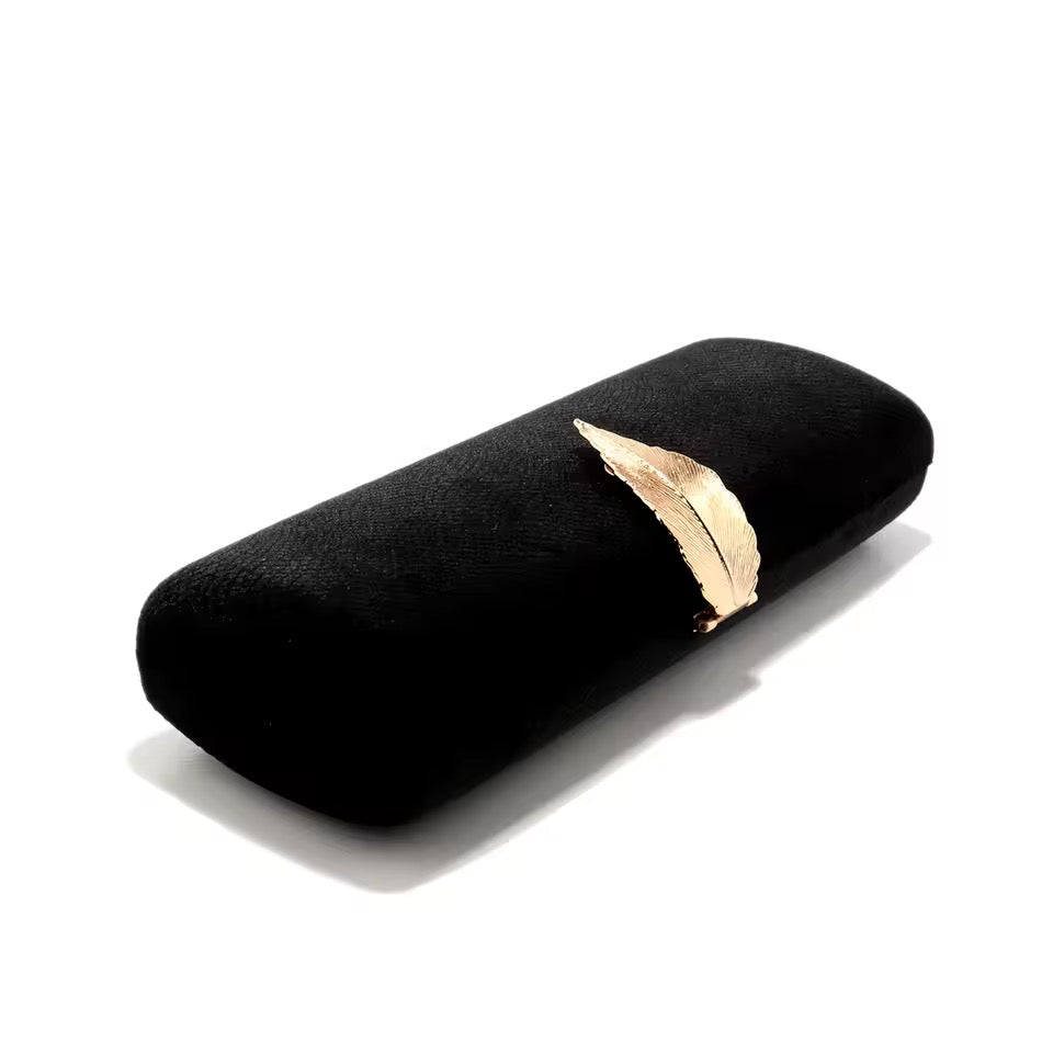 Elegant Black Velvet Clutch with Gold Leaf Accent