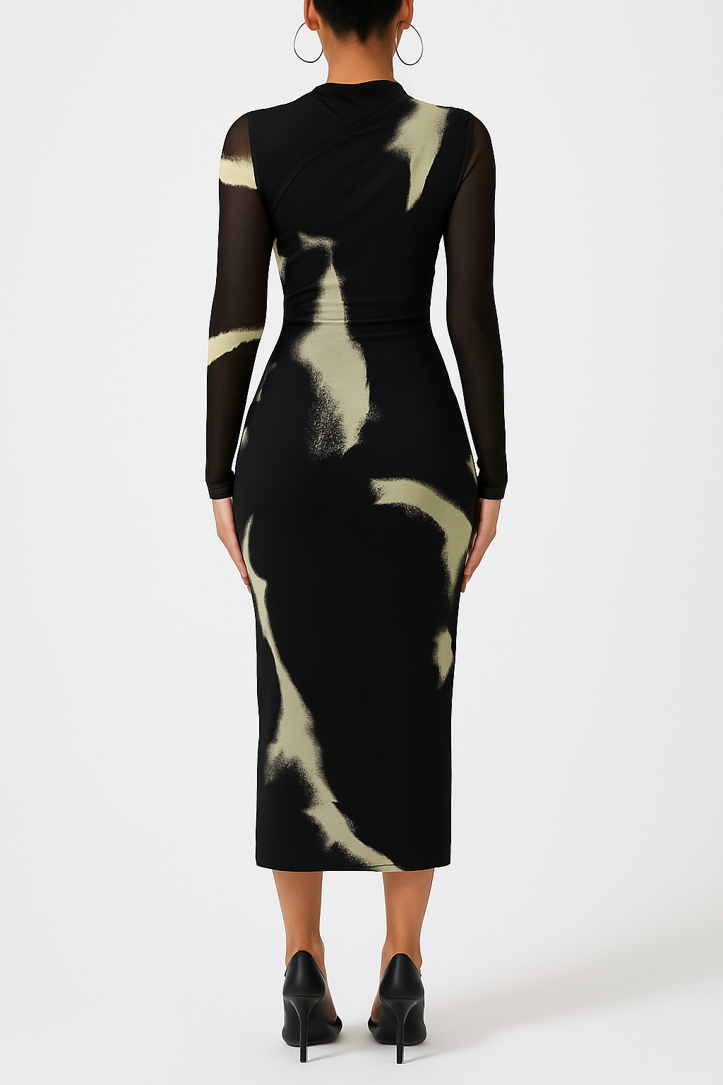 Black Abstract Print Mesh Sleeve Bodycon Midi Dress