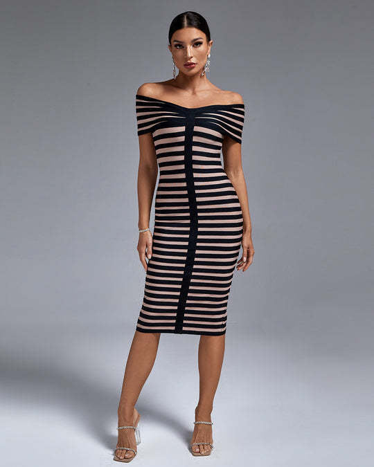 Striped Color Block Off-Shoulder Bandage Dress