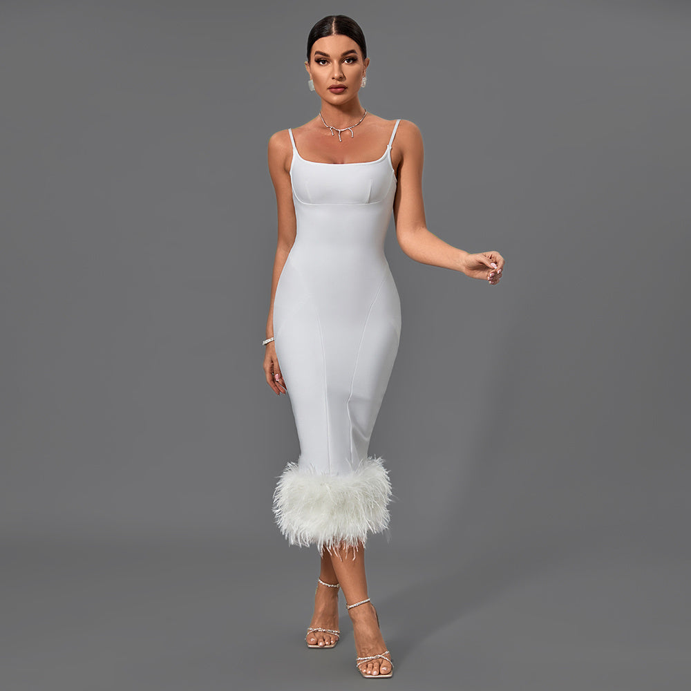 White Feather Hem Bodycon Midi Dress
