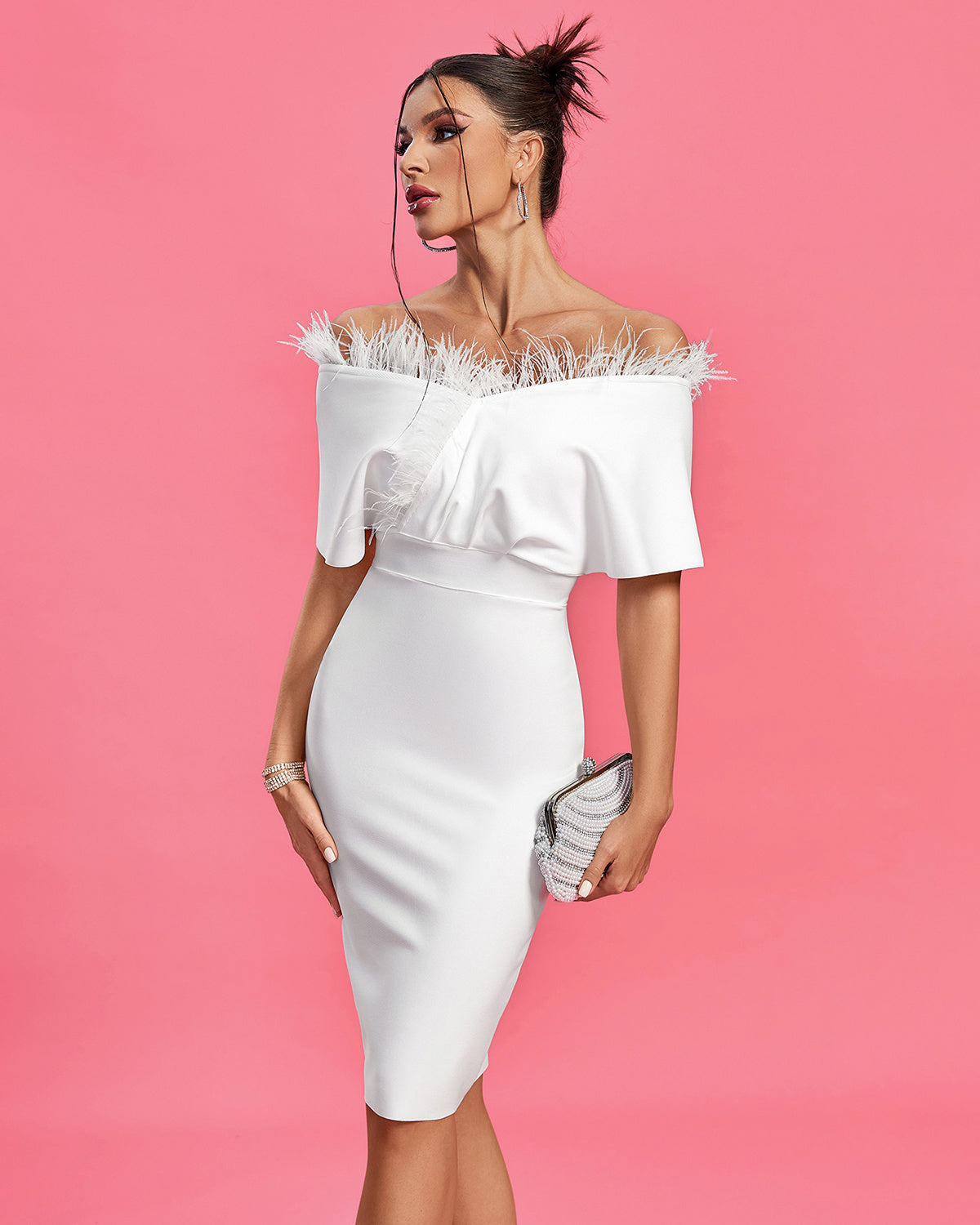 Off-Shoulder Feather Trim Midi Dress