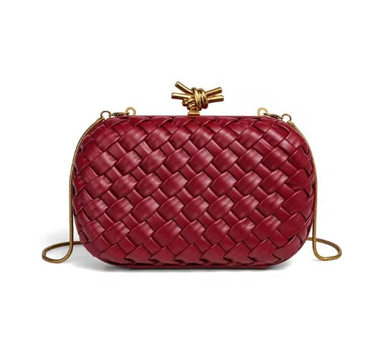Woven Leather Clutch in Deep Burgundy with Gold Knot Clasp
