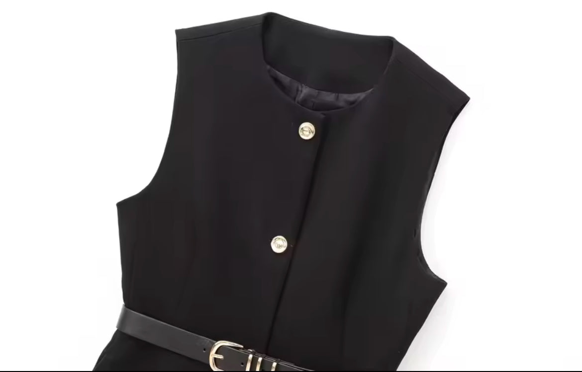 Waistcoat Vest with Belt & Gold Buttons